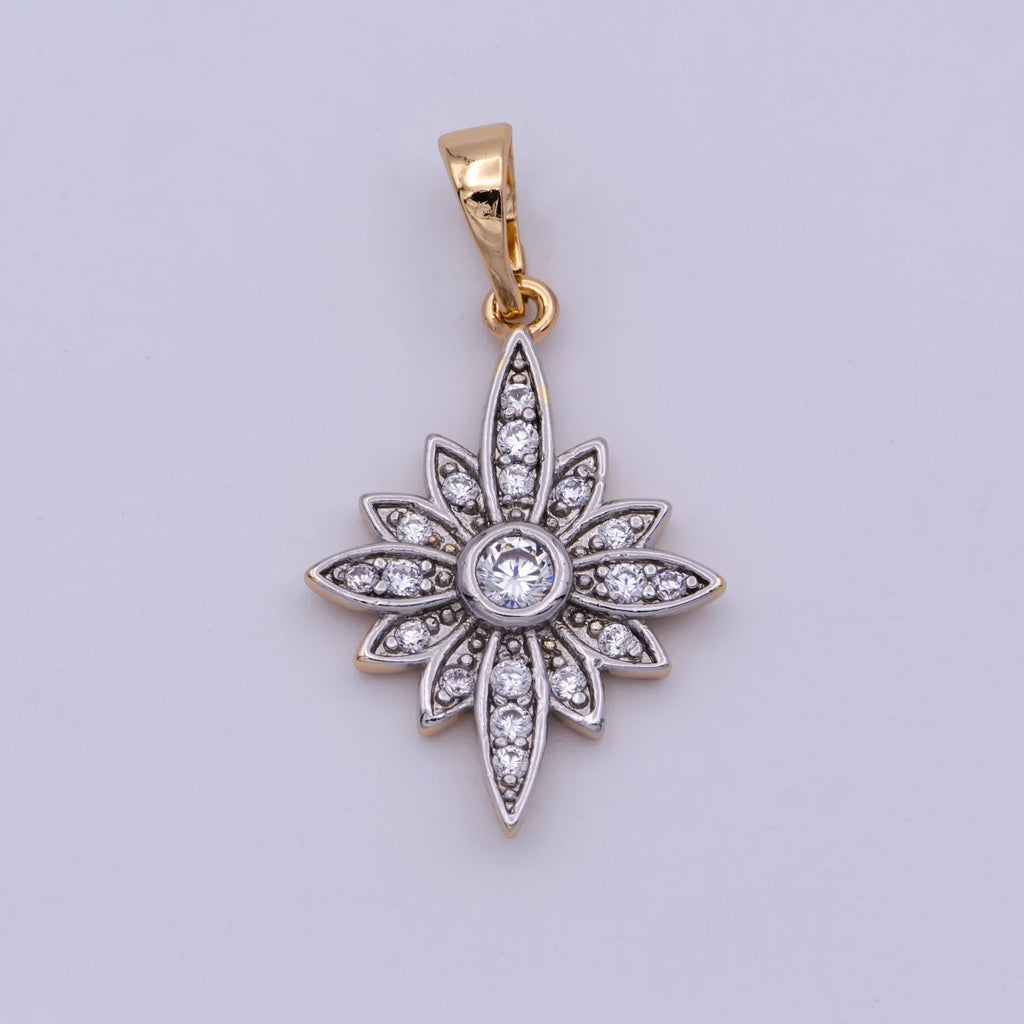 18K Gold plated Clear Micro Paved CZ Celestial North Star Sun Flower Mixed Metal Pendant | N-1431 - DLUXCA