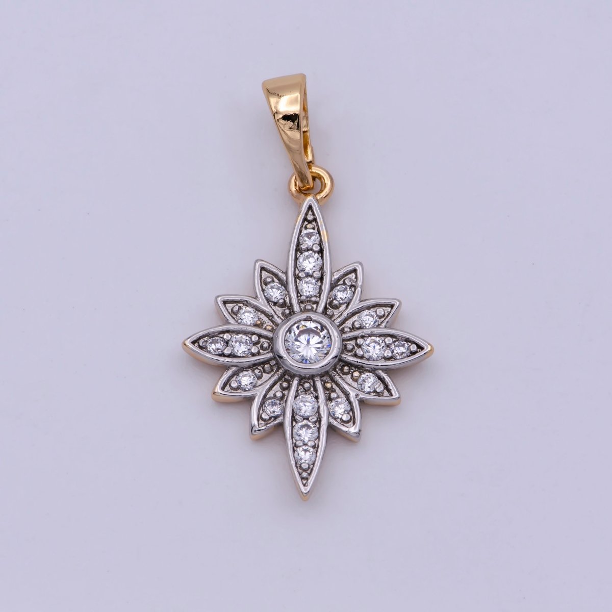 18K Gold plated Clear Micro Paved CZ Celestial North Star Sun Flower Mixed Metal Pendant | N-1431 - DLUXCA