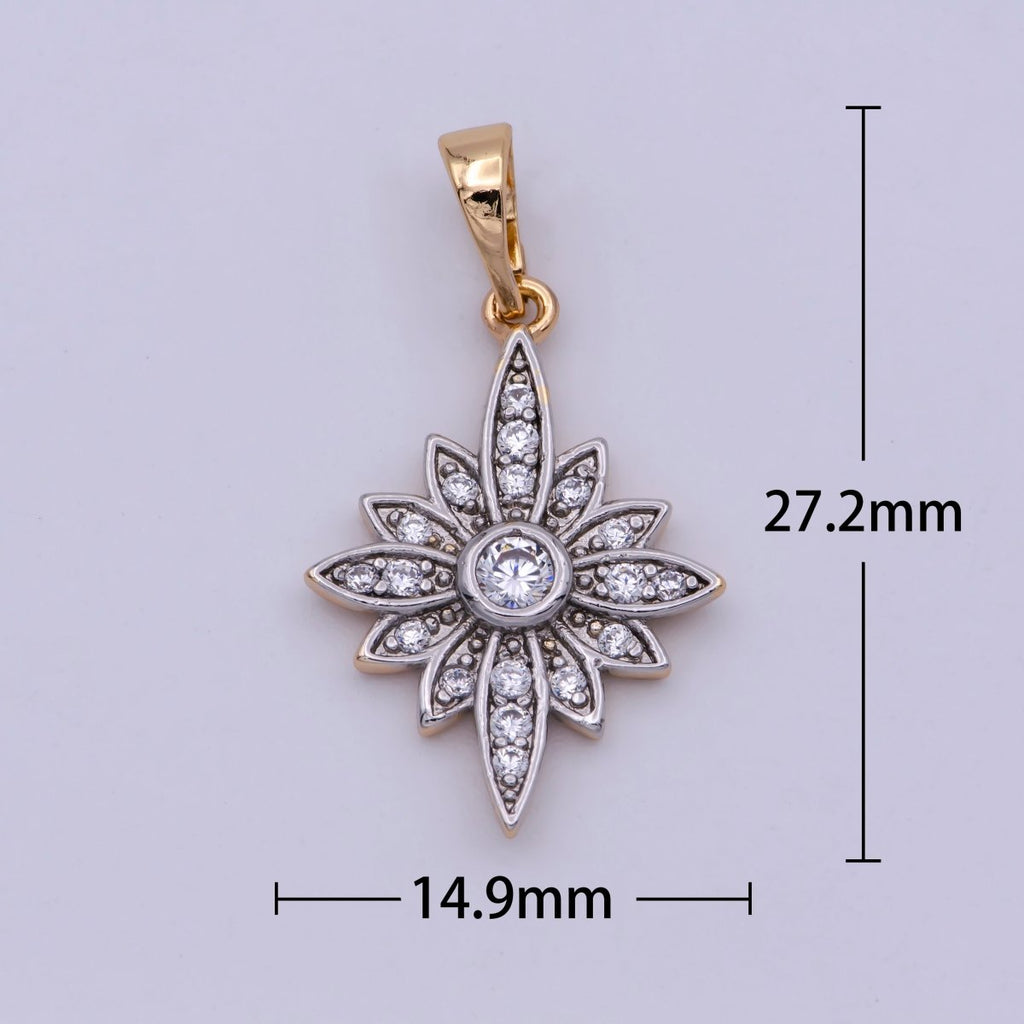 18K Gold plated Clear Micro Paved CZ Celestial North Star Sun Flower Mixed Metal Pendant | N-1431 - DLUXCA