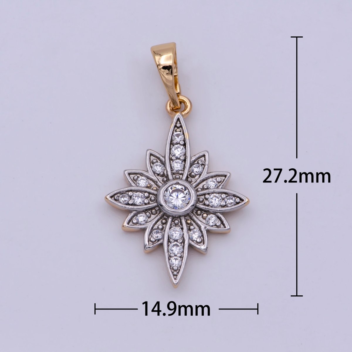 18K Gold plated Clear Micro Paved CZ Celestial North Star Sun Flower Mixed Metal Pendant | N-1431 - DLUXCA