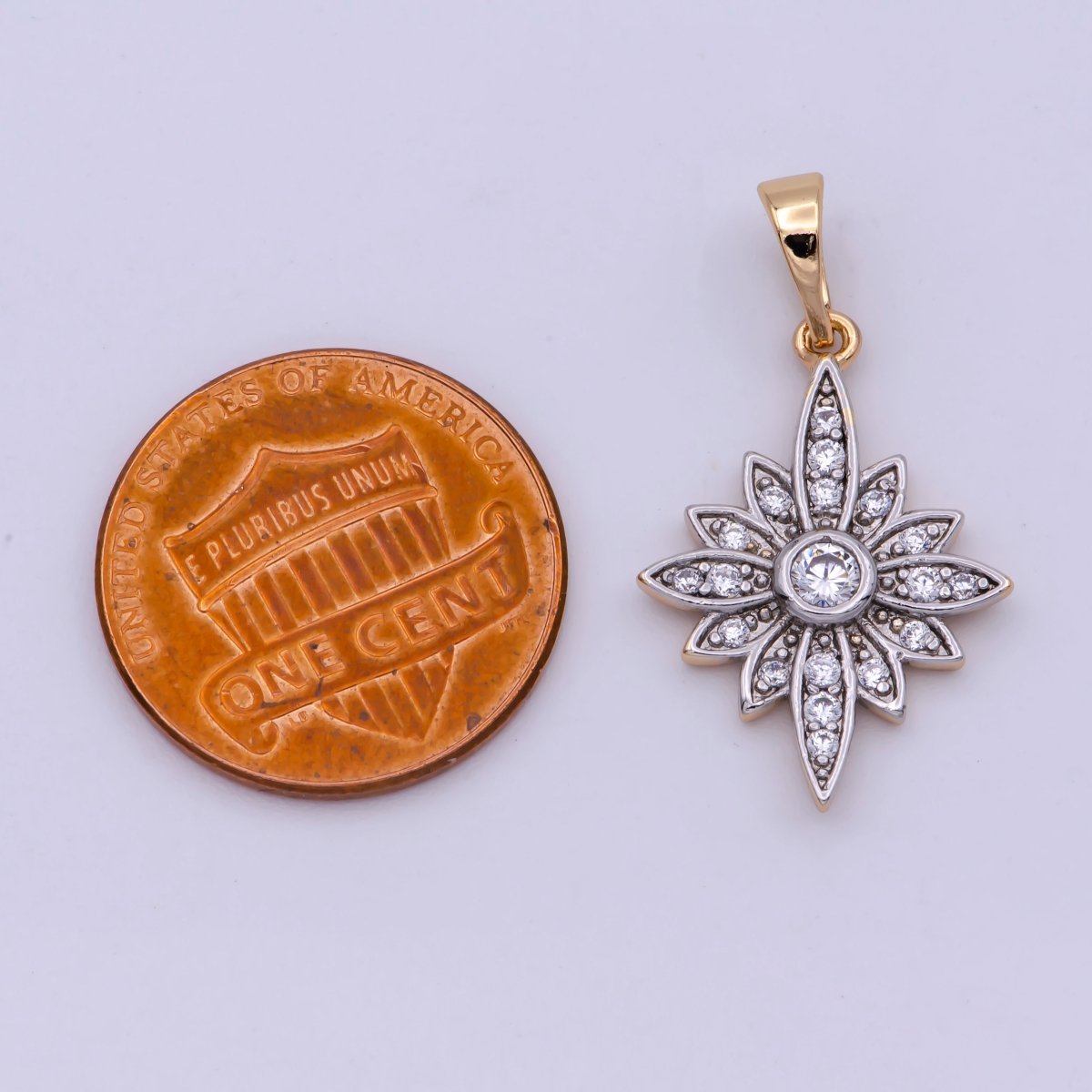 18K Gold plated Clear Micro Paved CZ Celestial North Star Sun Flower Mixed Metal Pendant | N-1431 - DLUXCA