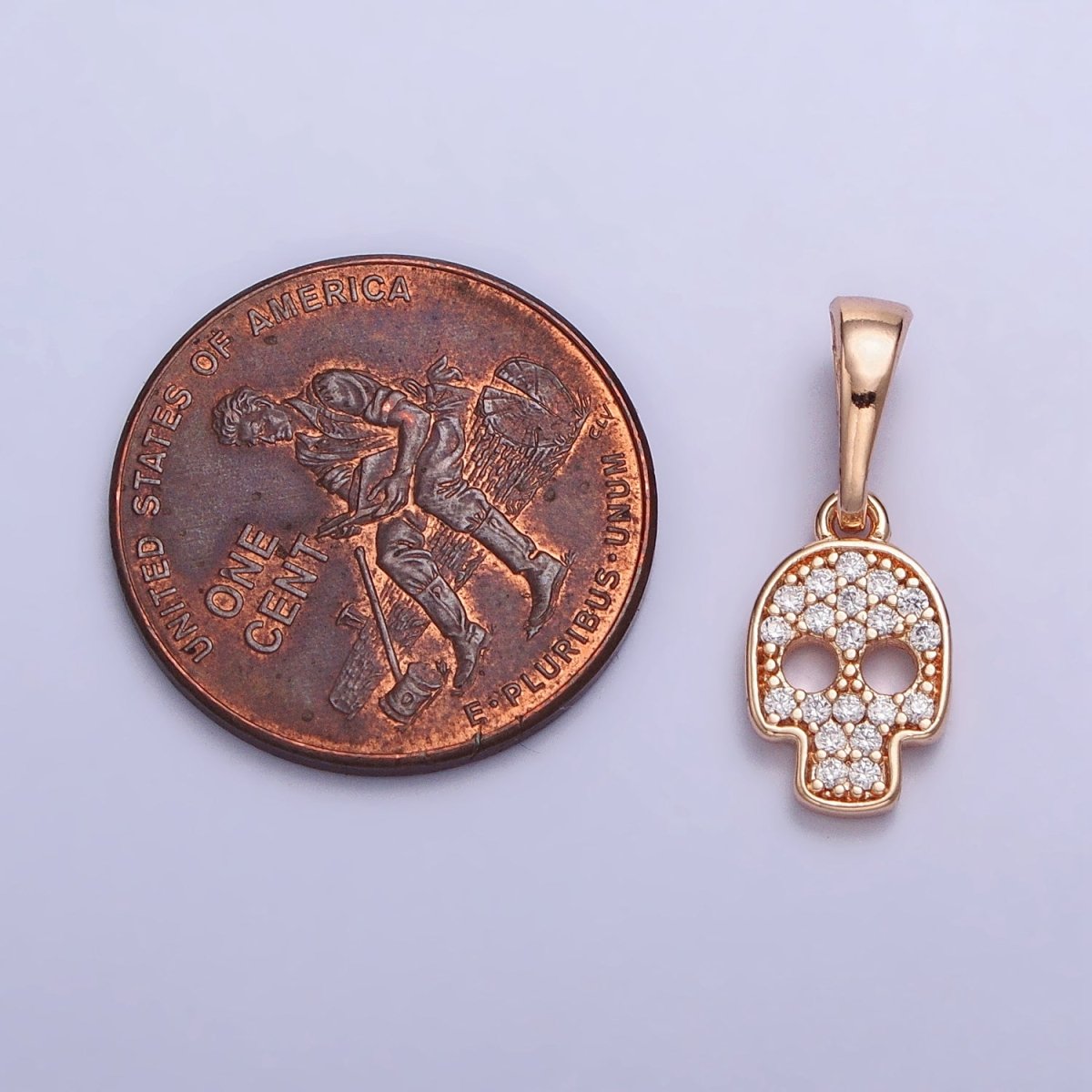 18K Gold plated Clear Micro Paved CZ Skull Skeleton Rosy Gold Pendant | AA033 - DLUXCA