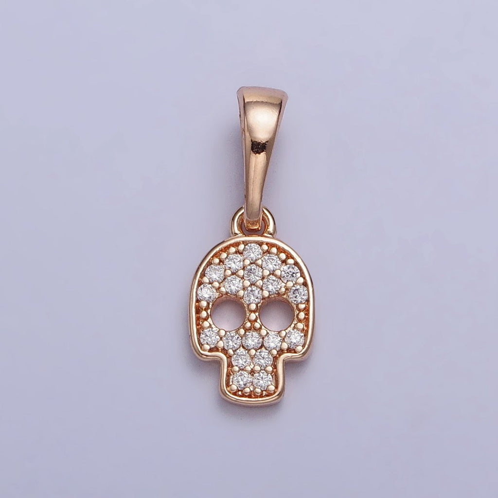 18K Gold plated Clear Micro Paved CZ Skull Skeleton Rosy Gold Pendant | AA033 - DLUXCA