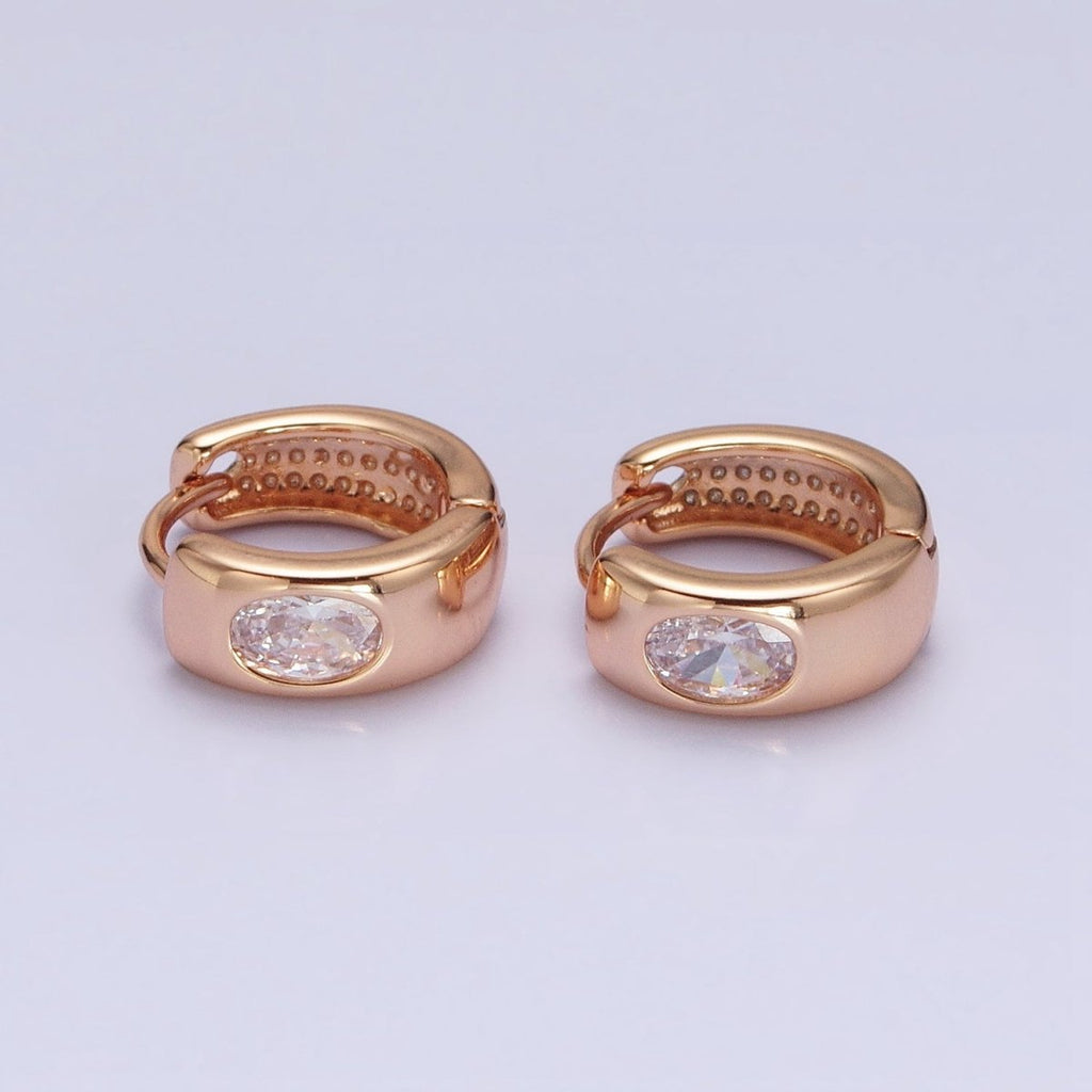 18K Gold plated Clear Oval CZ Wide Huggie Earrings | AD1415 - DLUXCA