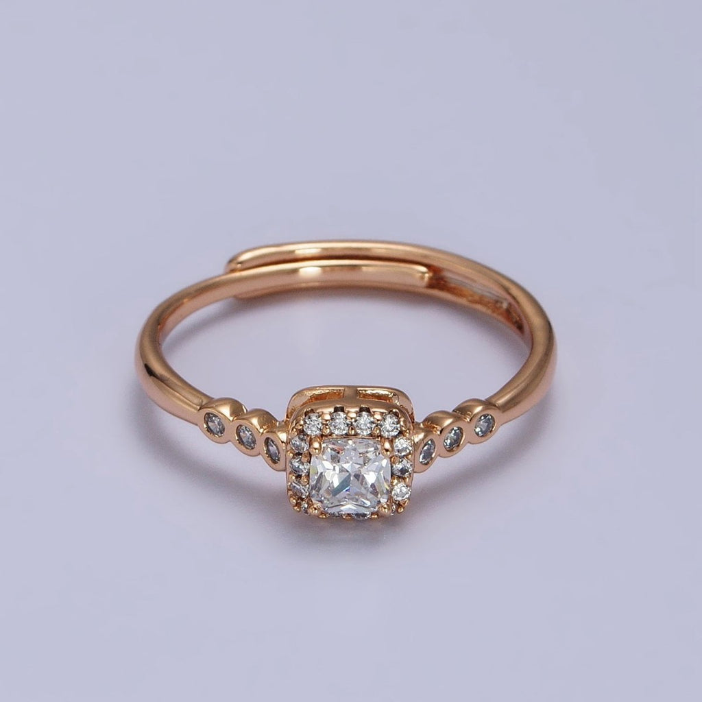 18K Gold plated Clear Square Micro Paved Round CZ Adjustable Ring | Y-583 - DLUXCA