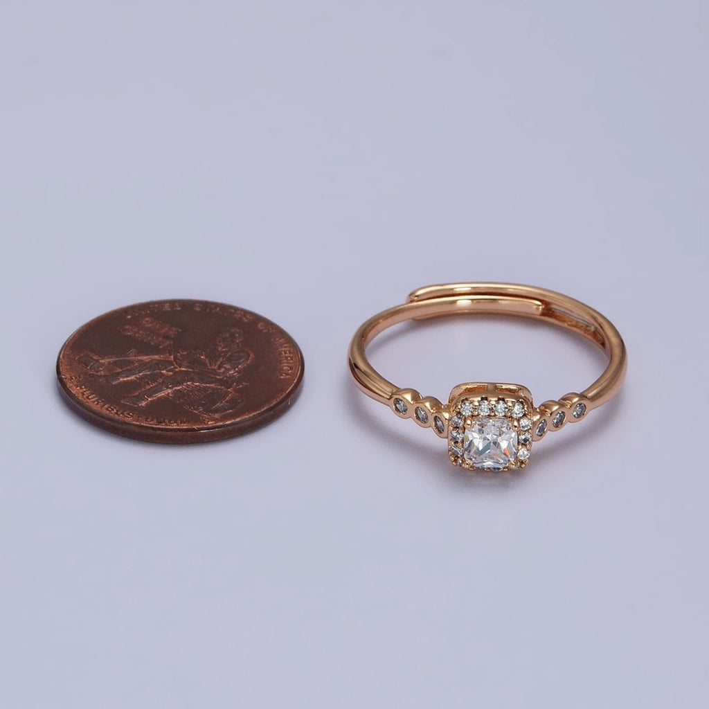 18K Gold plated Clear Square Micro Paved Round CZ Adjustable Ring | Y-583 - DLUXCA