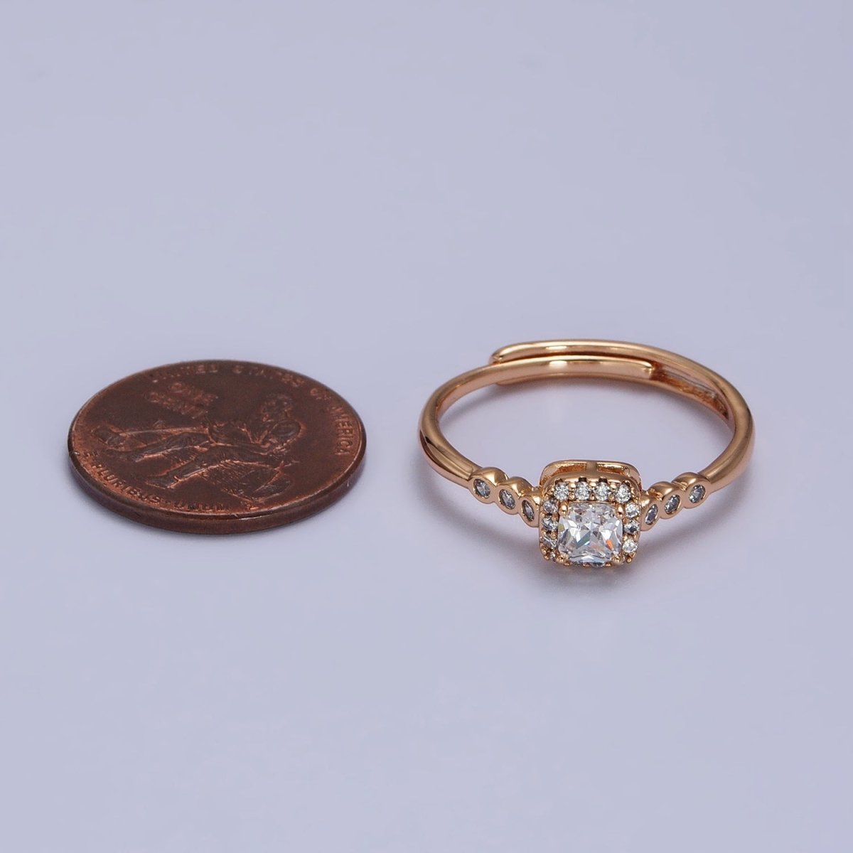 18K Gold plated Clear Square Micro Paved Round CZ Adjustable Ring | Y-583 - DLUXCA