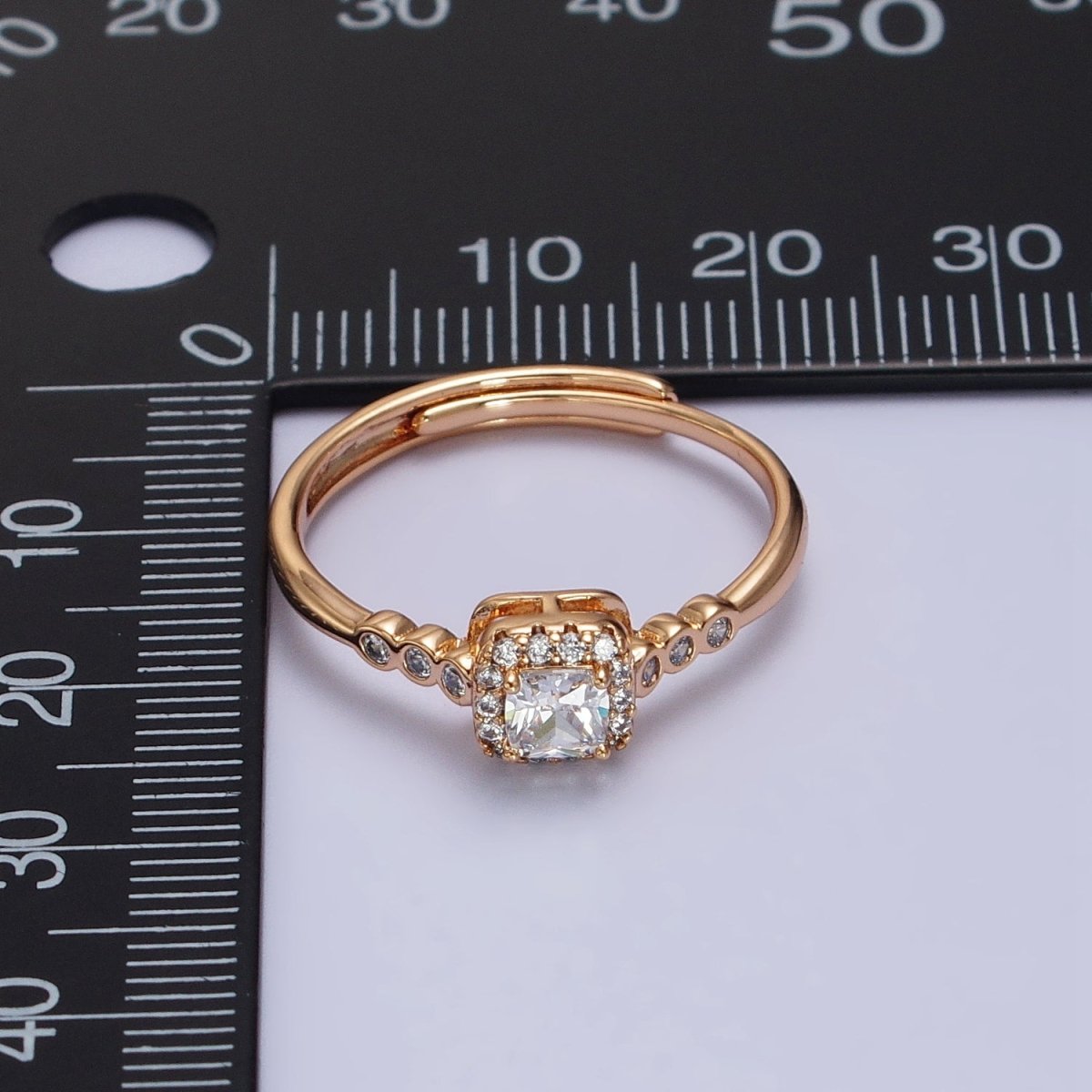 18K Gold plated Clear Square Micro Paved Round CZ Adjustable Ring | Y-583 - DLUXCA
