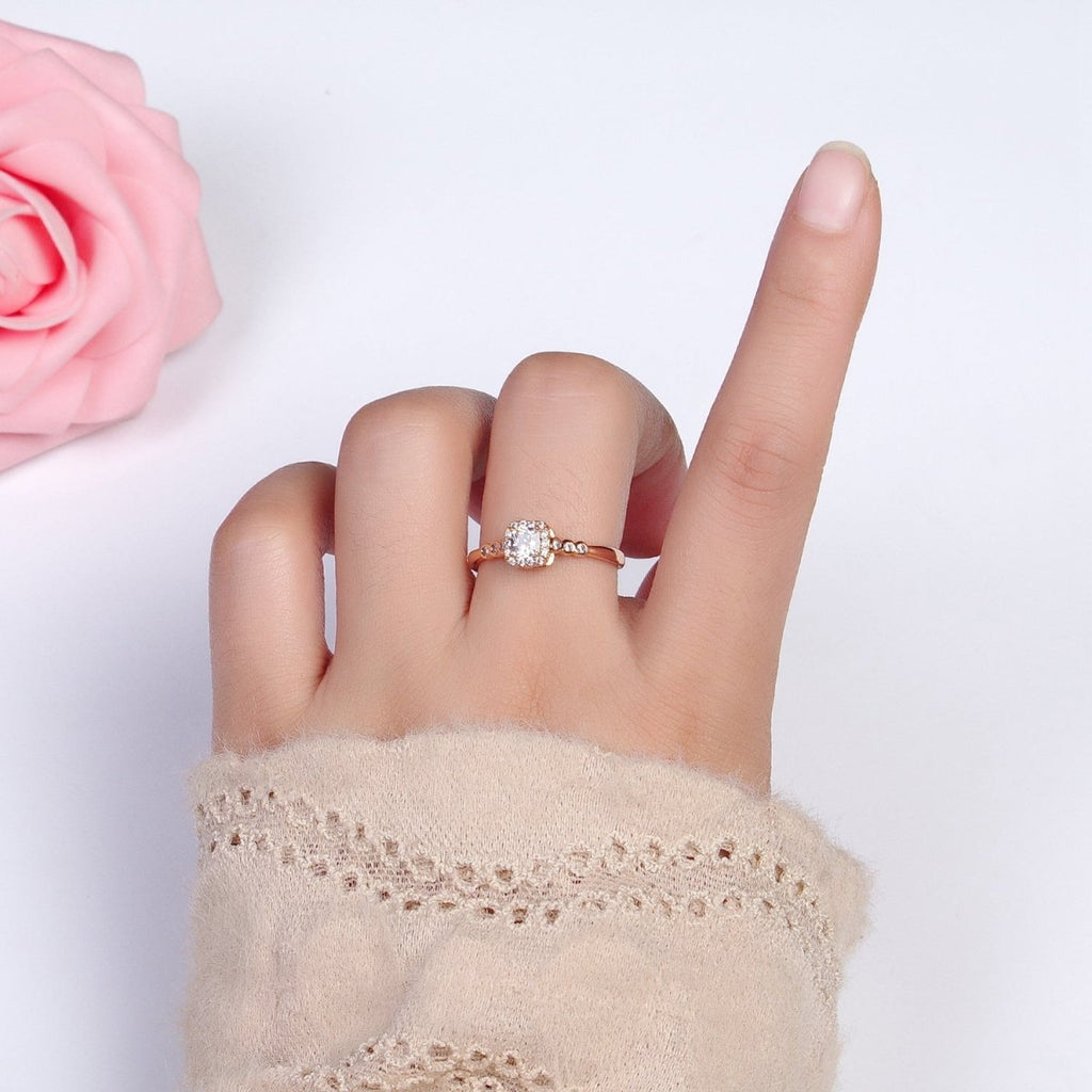 18K Gold plated Clear Square Micro Paved Round CZ Adjustable Ring | Y-583 - DLUXCA