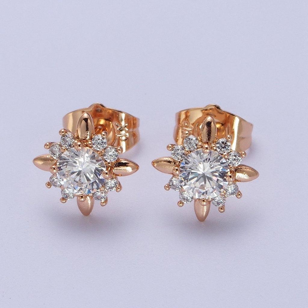 18K Gold plated Clear, Yellow, Pink, Green CZ Celestial Sun Stud Earrings | AD-299~AD-302