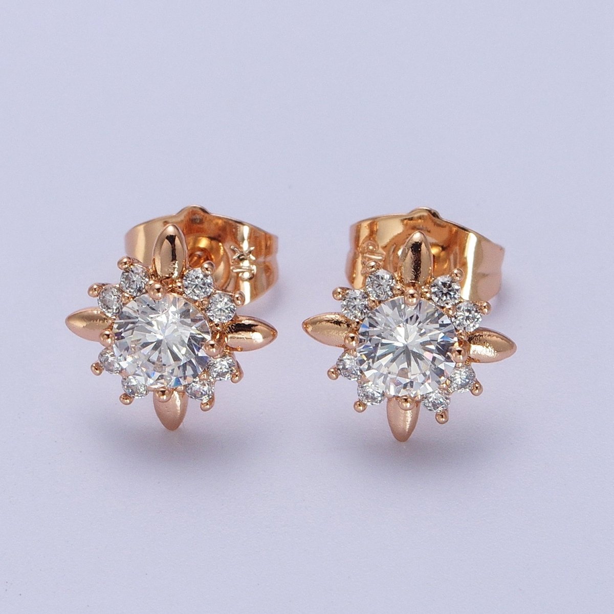 18K Gold plated Clear, Yellow, Pink, Green CZ Celestial Sun Stud Earrings | AD-299~AD-302