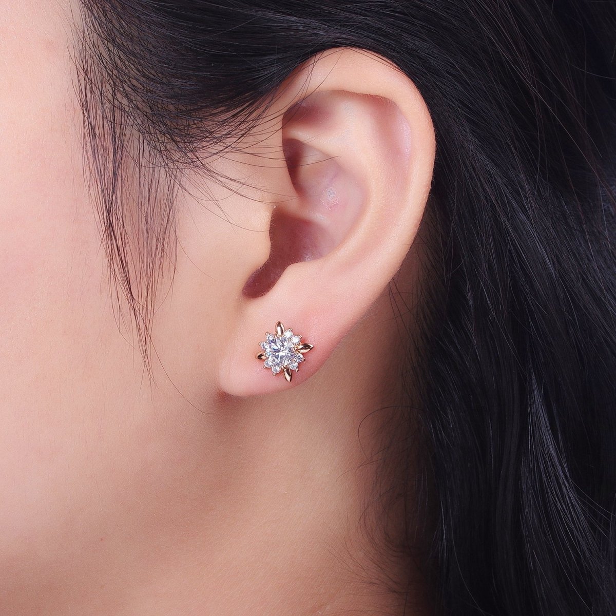 18K Gold plated Clear, Yellow, Pink, Green CZ Celestial Sun Stud Earrings | AD-299~AD-302