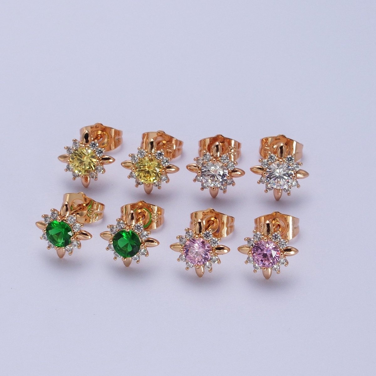 18K Gold plated Clear, Yellow, Pink, Green CZ Celestial Sun Stud Earrings | AD-299~AD-302