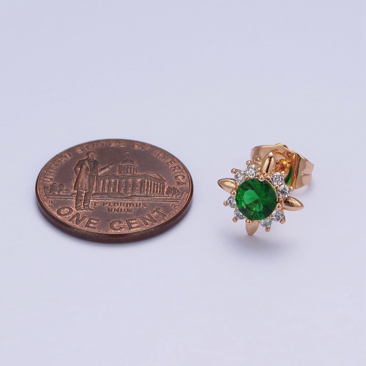 18K Gold plated Clear, Yellow, Pink, Green CZ Celestial Sun Stud Earrings | AD-299~AD-302