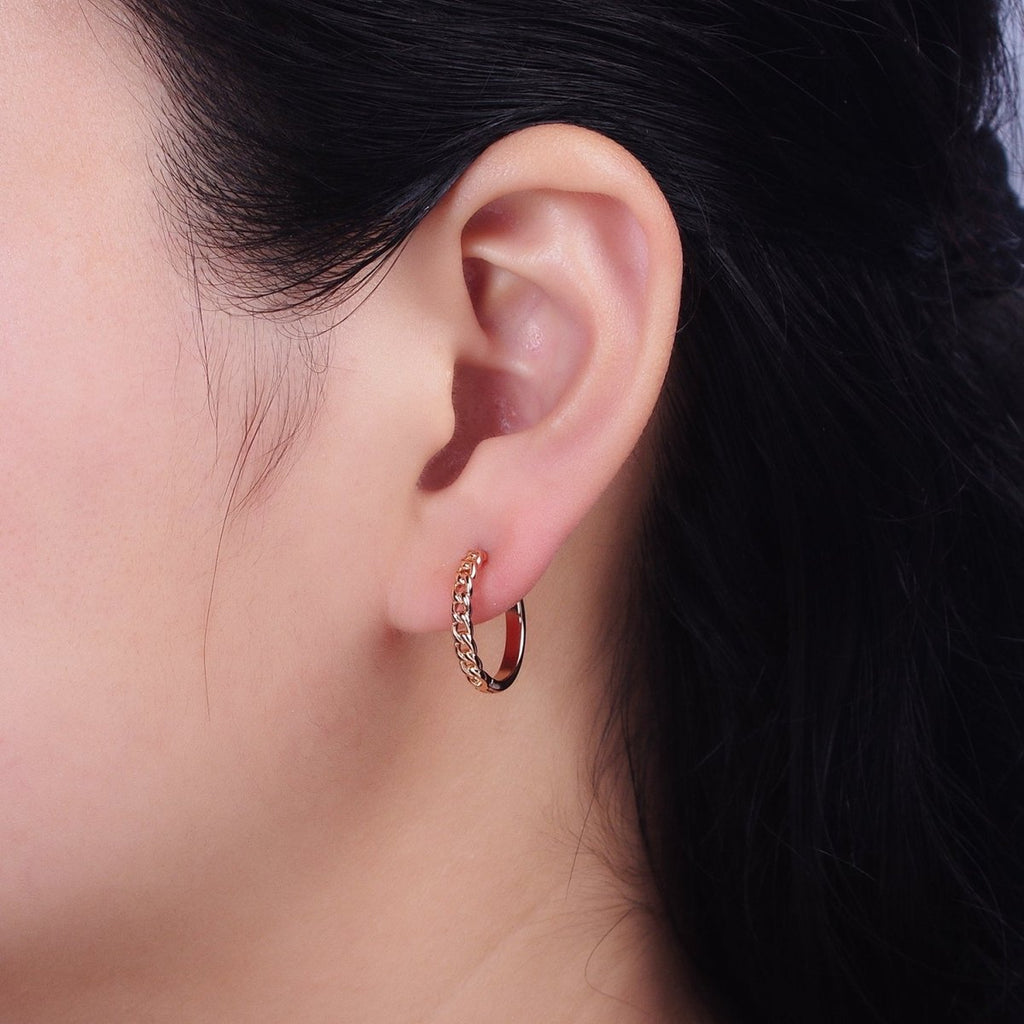 18K Gold plated Curb Link Chain Endless Hoop Huggie Earrings |AD-1411 - DLUXCA