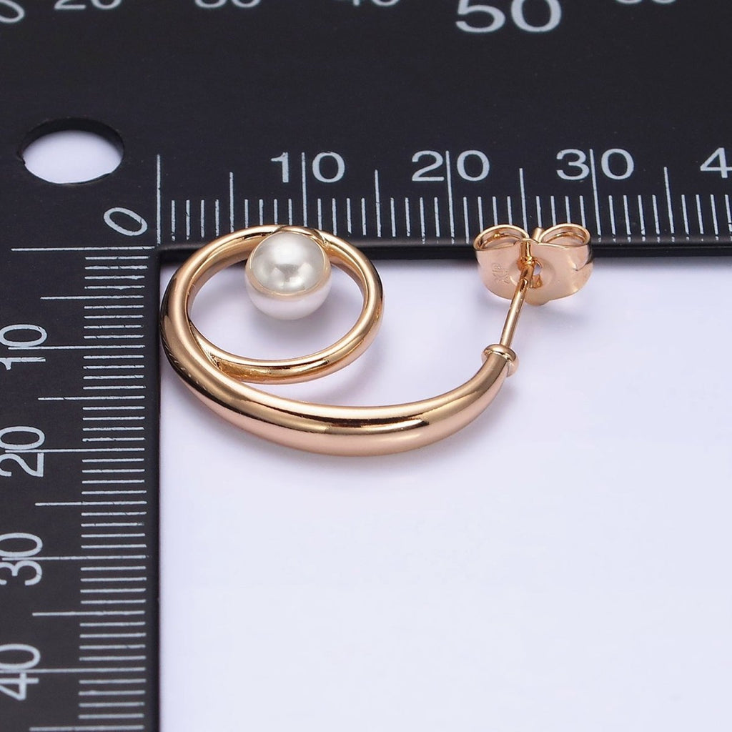 18K Gold plated Curled Band Pearl Geometric J-Shaped Hoop Earrings | AD1448 - DLUXCA