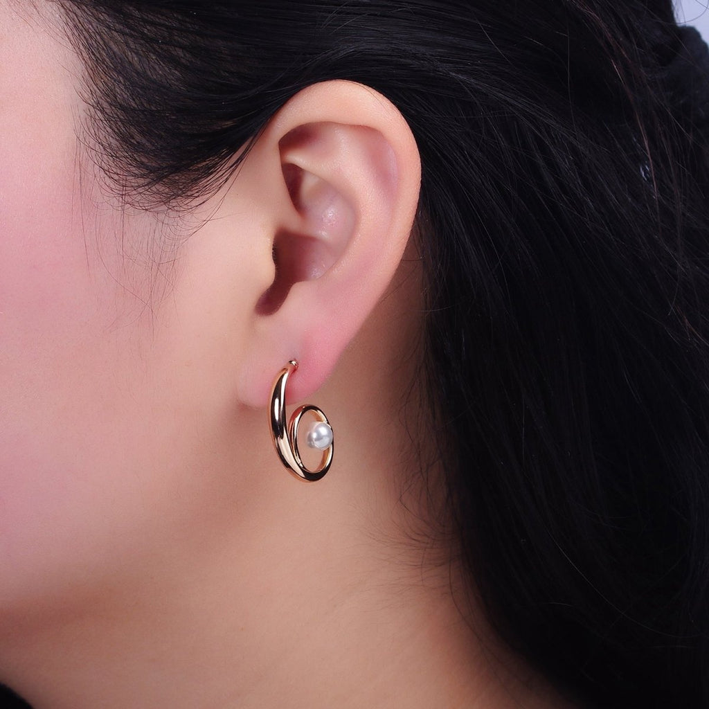18K Gold plated Curled Band Pearl Geometric J-Shaped Hoop Earrings | AD1448 - DLUXCA