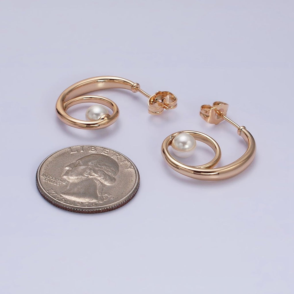 18K Gold plated Curled Band Pearl Geometric J-Shaped Hoop Earrings | AD1448 - DLUXCA