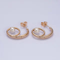 18K Gold plated Curled Band Pearl Geometric J-Shaped Hoop Earrings | AD1448 - DLUXCA