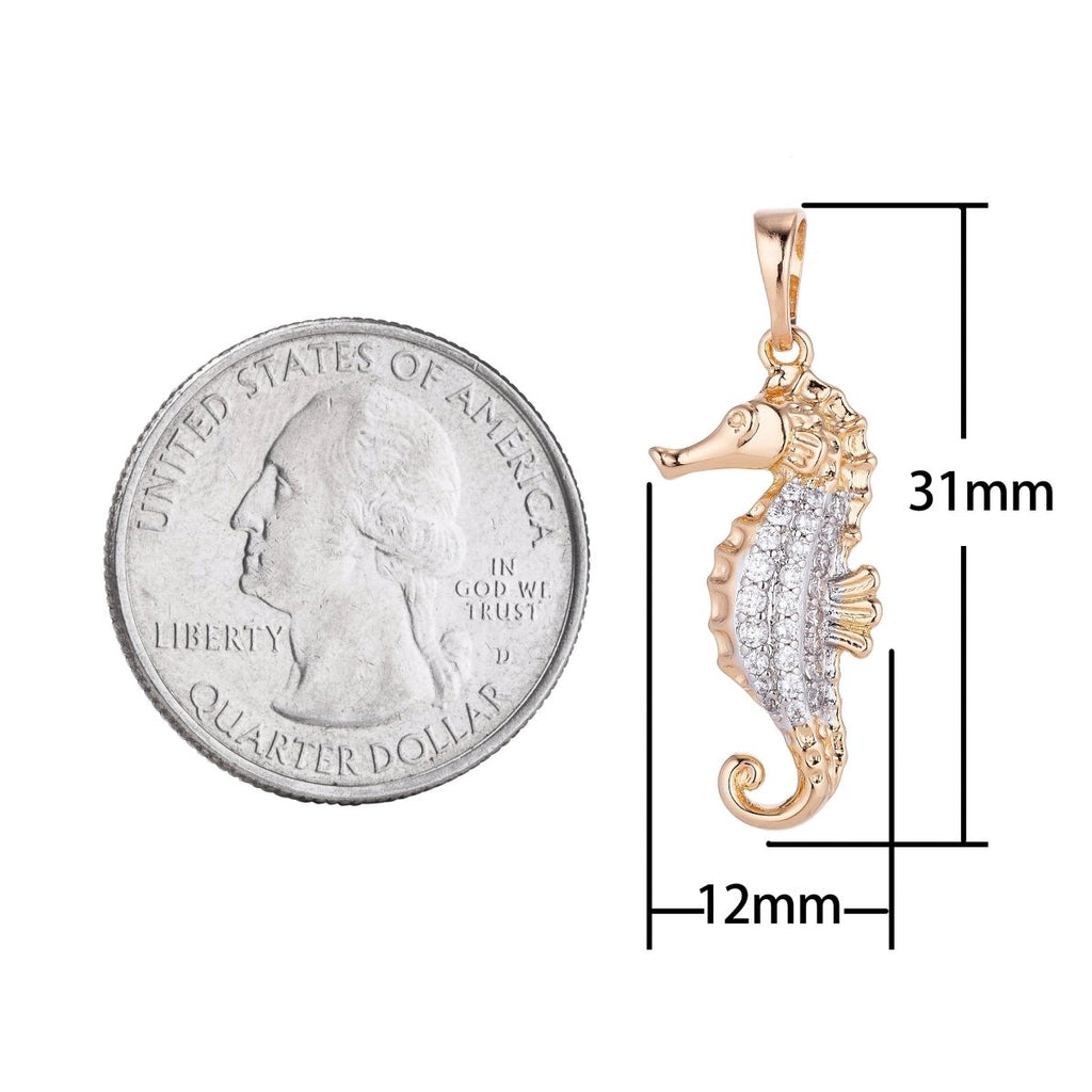 18k Gold plated Cute Seahorse, Under the Sea Animal, Summer Ocean Vibe Cubic Zirconia Necklace Pendant Bead Bails Findings for Jewelry Making H-559 - DLUXCA