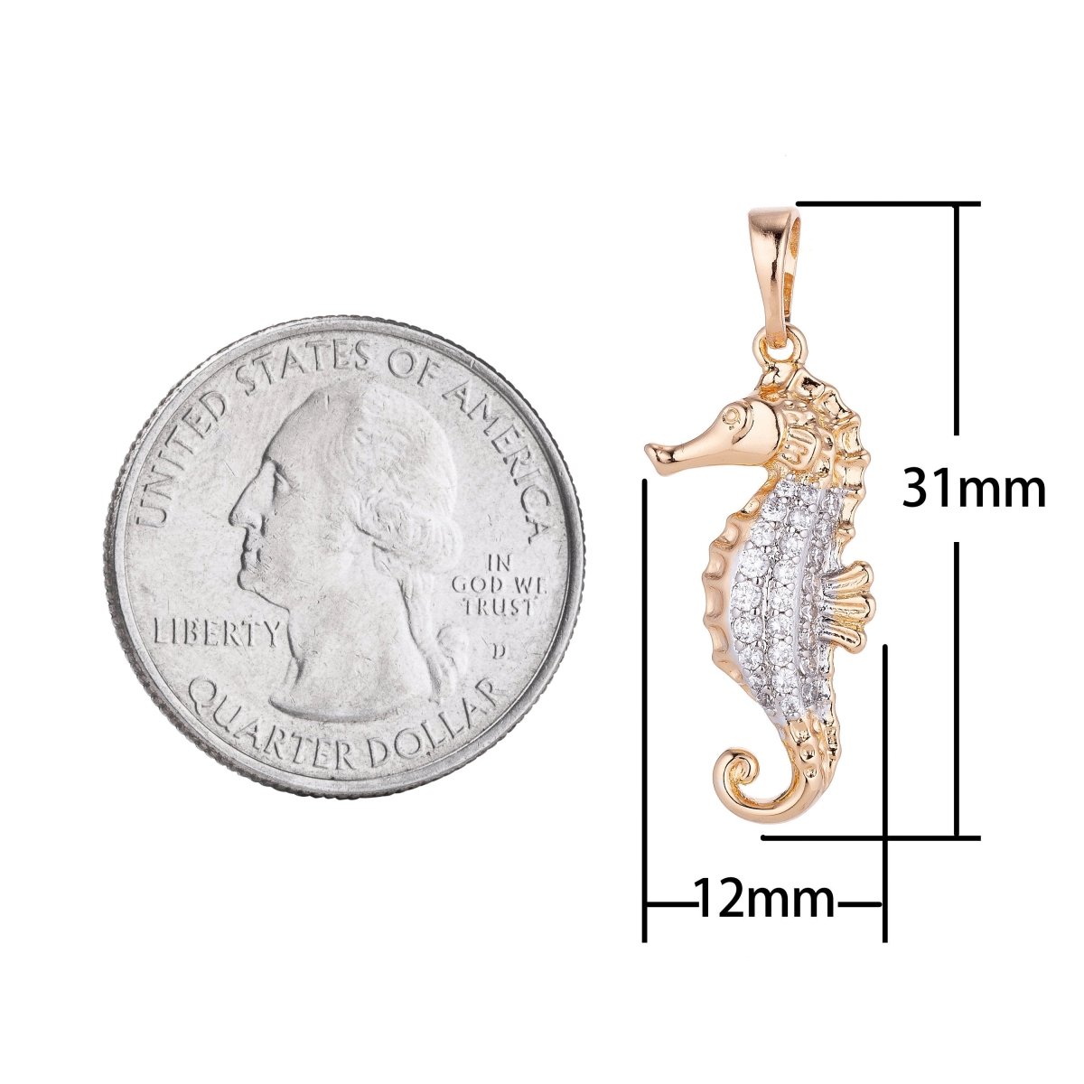 18k Gold plated Cute Seahorse, Under the Sea Animal, Summer Ocean Vibe Cubic Zirconia Necklace Pendant Bead Bails Findings for Jewelry Making H-559 - DLUXCA