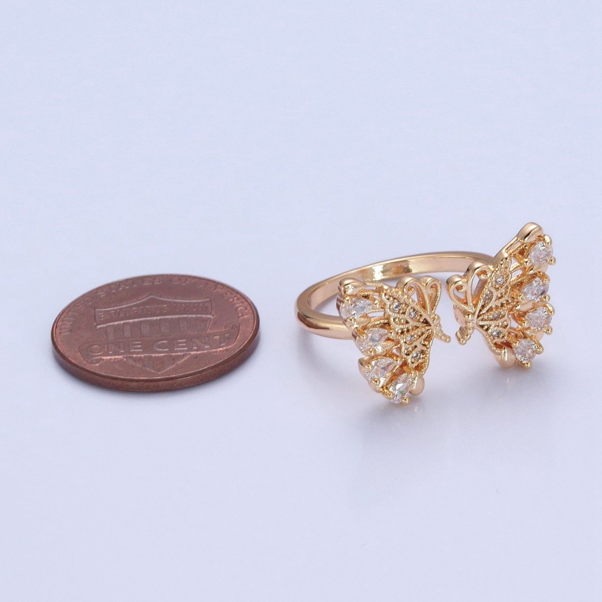 18k Gold plated Dainty Butterfly Ring, Gold Pave Butterfly Ring, Delicate Butterfly Open Ring Adjustable Ring Big Butterfly Ring O-737 - DLUXCA