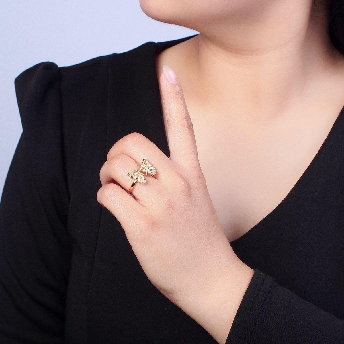 18k Gold plated Dainty Butterfly Ring, Gold Pave Butterfly Ring, Delicate Butterfly Open Ring Adjustable Ring Big Butterfly Ring O-737 - DLUXCA