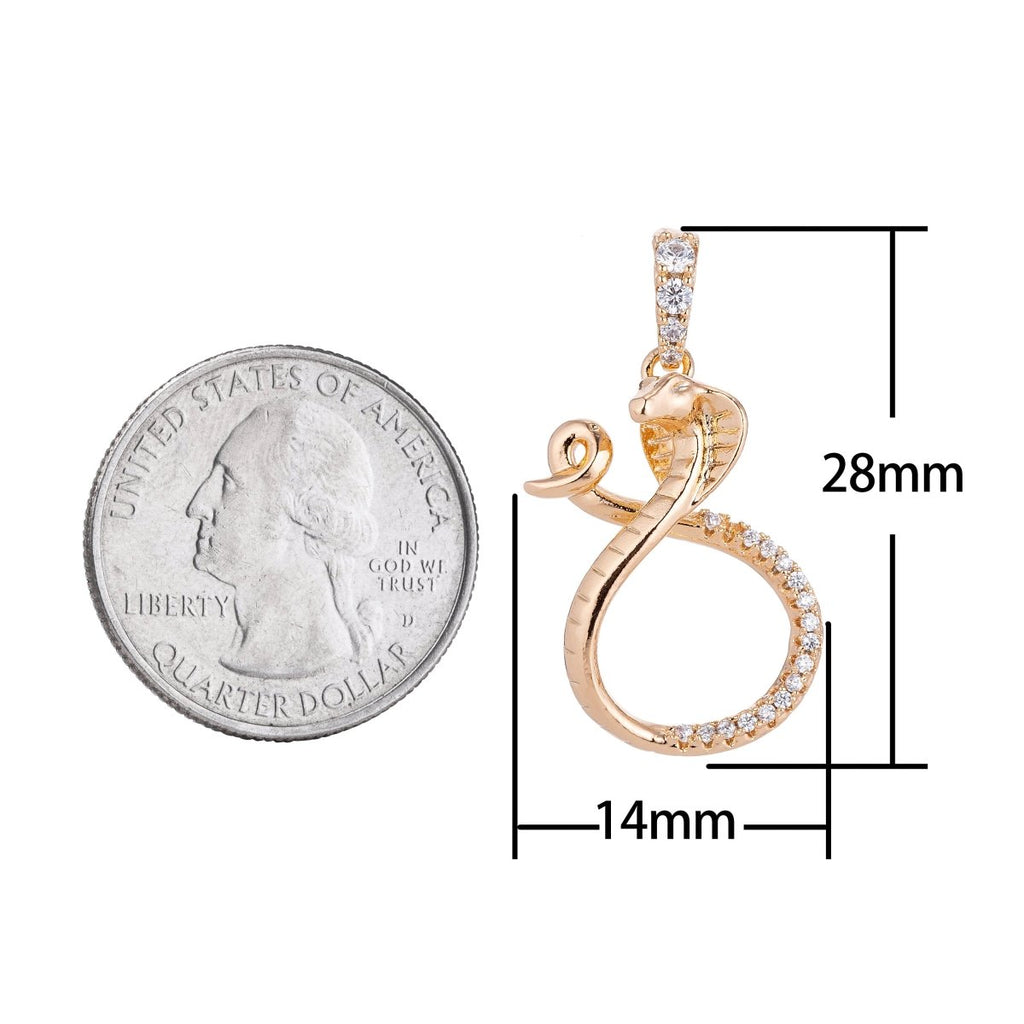18k Gold plated Dainty Charming Snake, Exotic Animal Lover, Cubic Zirconia cobra charm Necklace Pendant Bails Findings for Jewelry Making I-130 - DLUXCA