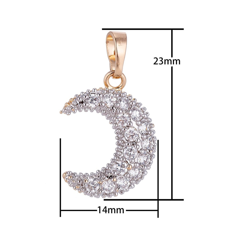 18k Gold plated Dainty Crescent Moon, Shine Bright Midnight Sky Pave Cubic Zirconia Necklace Pendant Bead Bails Findings for Jewelry Making H-567 - DLUXCA