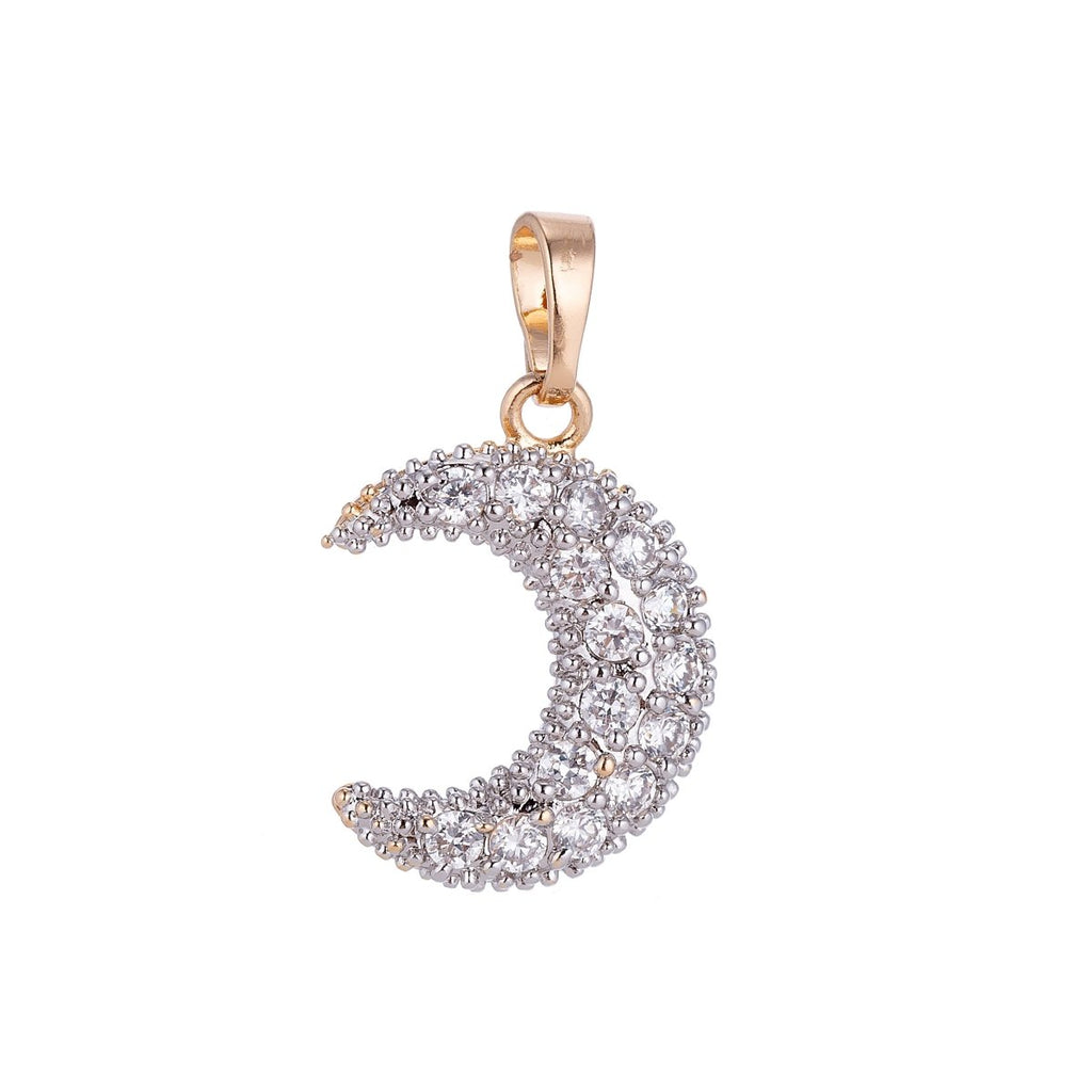 18k Gold plated Dainty Crescent Moon, Shine Bright Midnight Sky Pave Cubic Zirconia Necklace Pendant Bead Bails Findings for Jewelry Making H-567 - DLUXCA