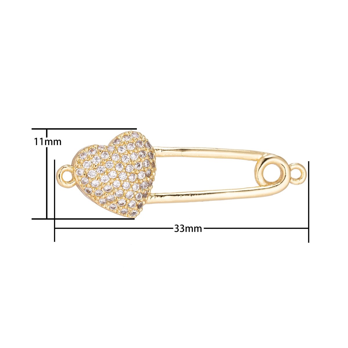 18K Gold plated Dainty Delicate Safety Pin w/ Love Heart Cubic Zirconia Bracelet Charm Bead Finding Connector for Earring Jewelry Making F-092 - DLUXCA