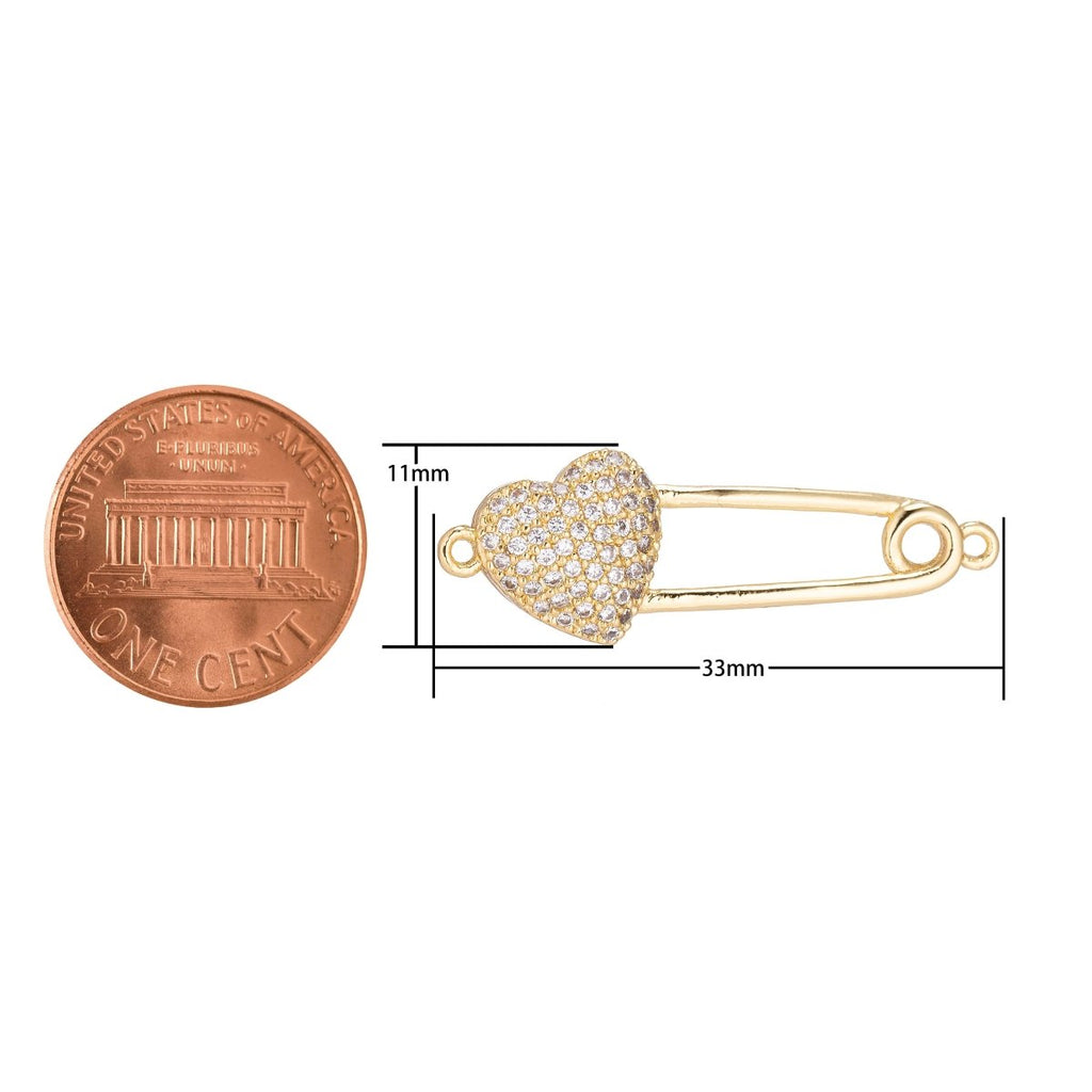 18K Gold plated Dainty Delicate Safety Pin w/ Love Heart Cubic Zirconia Bracelet Charm Bead Finding Connector for Earring Jewelry Making F-092 - DLUXCA