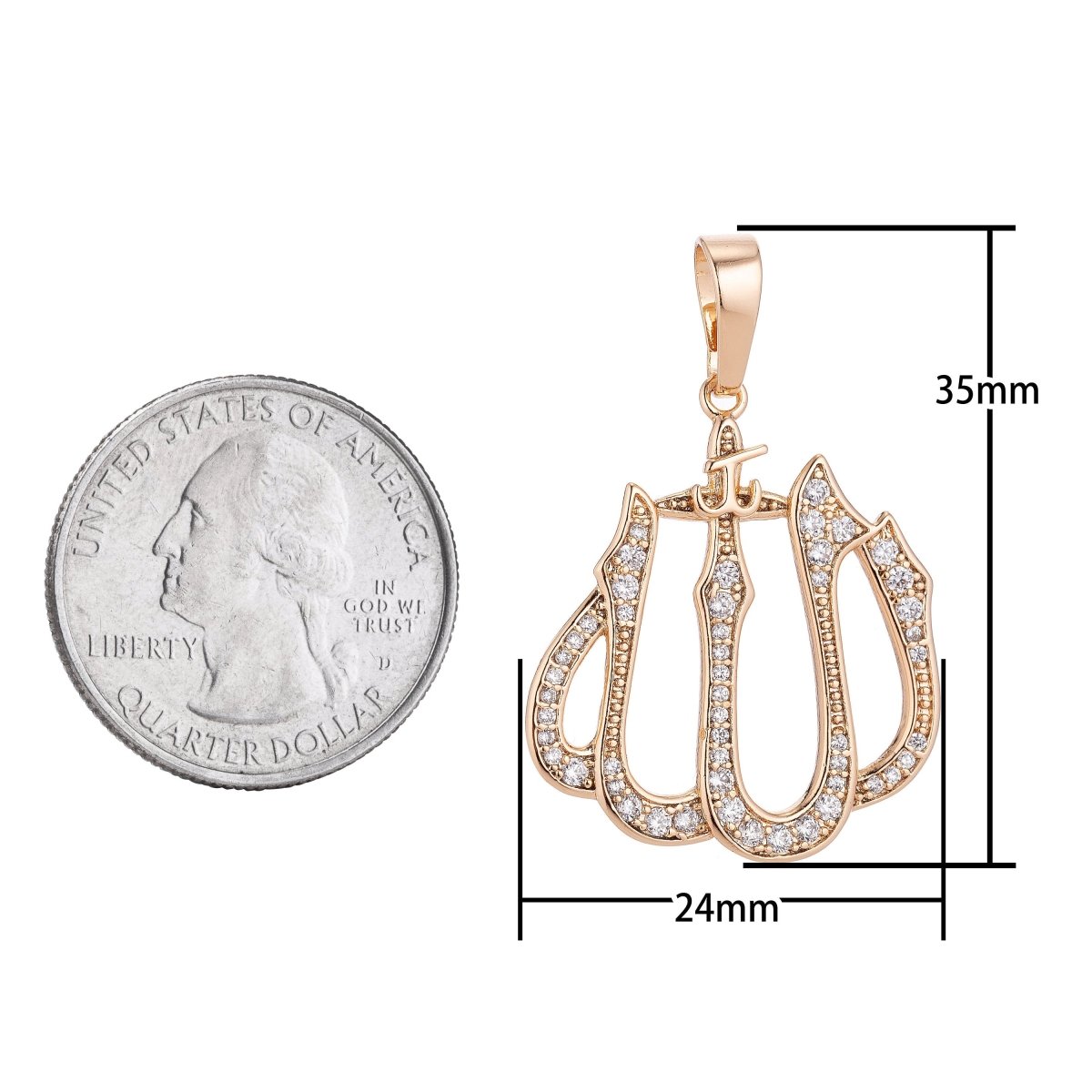 18k Gold plated Dainty Islamic Word, Allah, Moslem God Cubic Zirconia Necklace Pendant Bead Bails Findings for Jewelry Making H-578 - DLUXCA