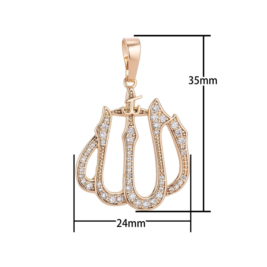 18k Gold plated Dainty Islamic Word, Allah, Moslem God Cubic Zirconia Necklace Pendant Bead Bails Findings for Jewelry Making H-578 - DLUXCA