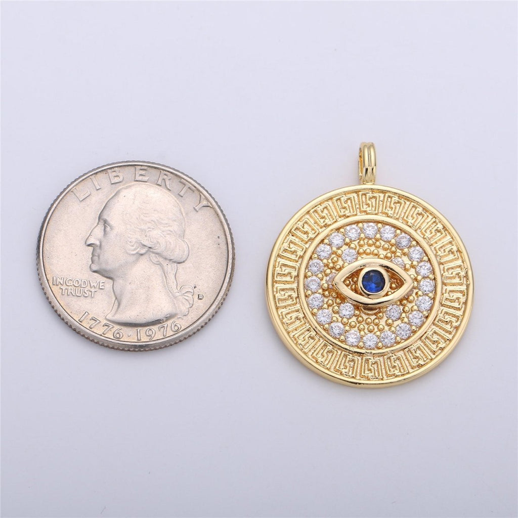 18k Gold plated Evil Eye Charm - Gold Disc Evil Eye Pendant, Cubic Medallion Coin Charm, Religious Charm, Micro Pave Necklace Charm talisman C-652 - DLUXCA