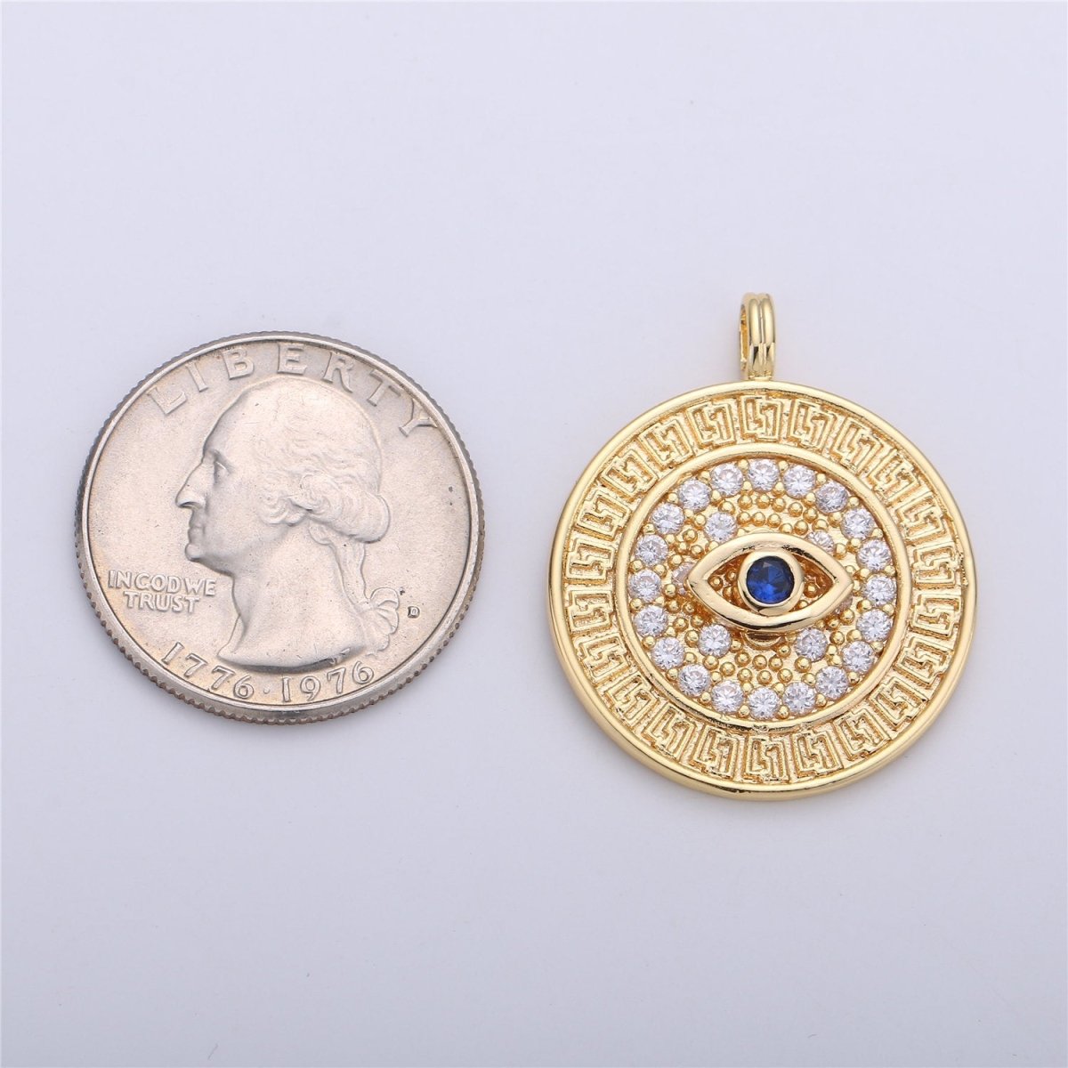 18k Gold plated Evil Eye Charm - Gold Disc Evil Eye Pendant, Cubic Medallion Coin Charm, Religious Charm, Micro Pave Necklace Charm talisman C-652 - DLUXCA