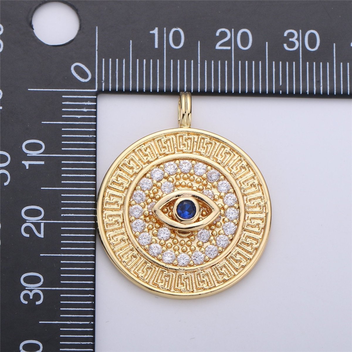 18k Gold plated Evil Eye Charm - Gold Disc Evil Eye Pendant, Cubic Medallion Coin Charm, Religious Charm, Micro Pave Necklace Charm talisman C-652 - DLUXCA