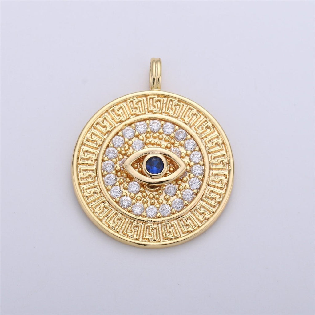 18k Gold plated Evil Eye Charm - Gold Disc Evil Eye Pendant, Cubic Medallion Coin Charm, Religious Charm, Micro Pave Necklace Charm talisman C-652 - DLUXCA