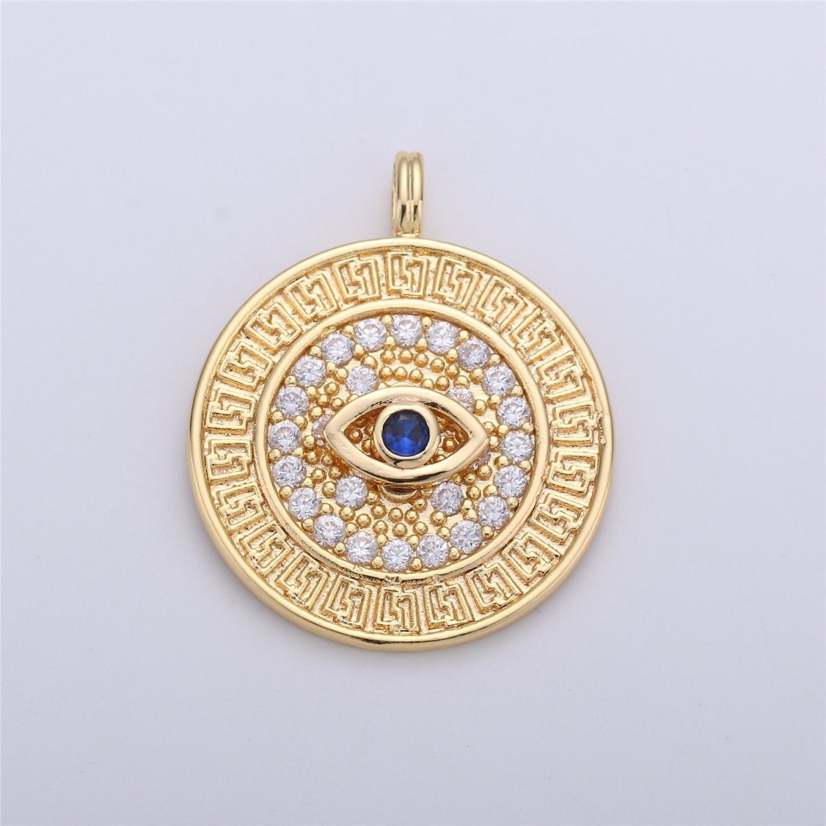 18k Gold plated Evil Eye Charm - Gold Disc Evil Eye Pendant, Cubic Medallion Coin Charm, Religious Charm, Micro Pave Necklace Charm talisman C-652 - DLUXCA
