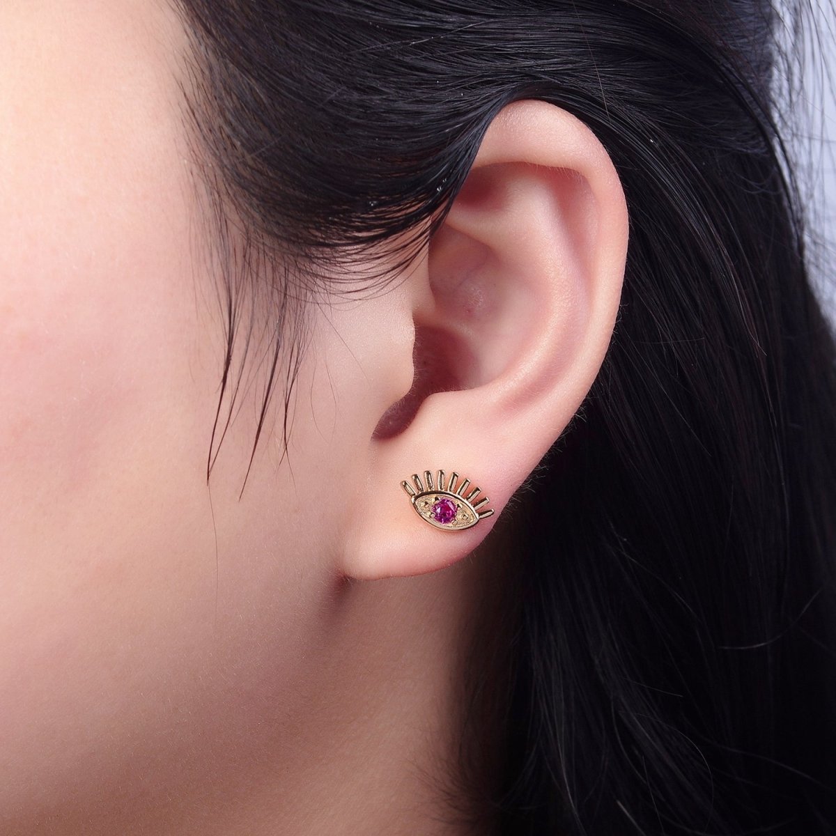18K Gold plated Evil Eye Fuchsia CZ Stud Earrings | V-125 - DLUXCA