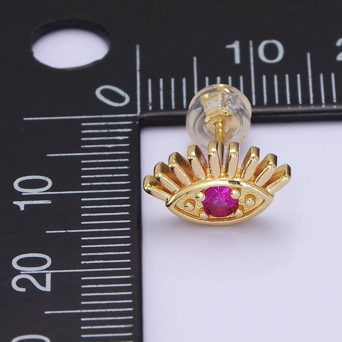 18K Gold plated Evil Eye Fuchsia CZ Stud Earrings | V-125 - DLUXCA