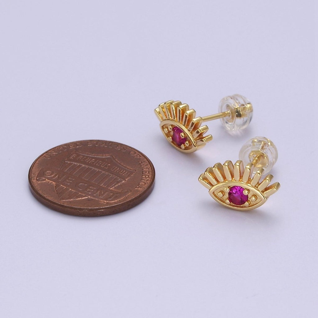 18K Gold plated Evil Eye Fuchsia CZ Stud Earrings | V-125 - DLUXCA