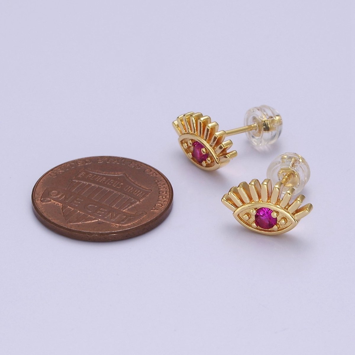 18K Gold plated Evil Eye Fuchsia CZ Stud Earrings | V-125 - DLUXCA