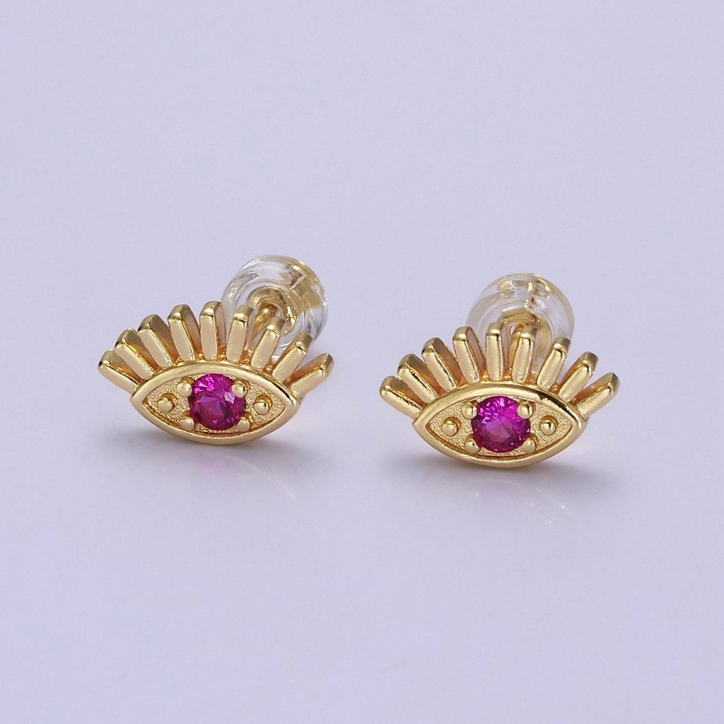 18K Gold plated Evil Eye Fuchsia CZ Stud Earrings | V-125 - DLUXCA
