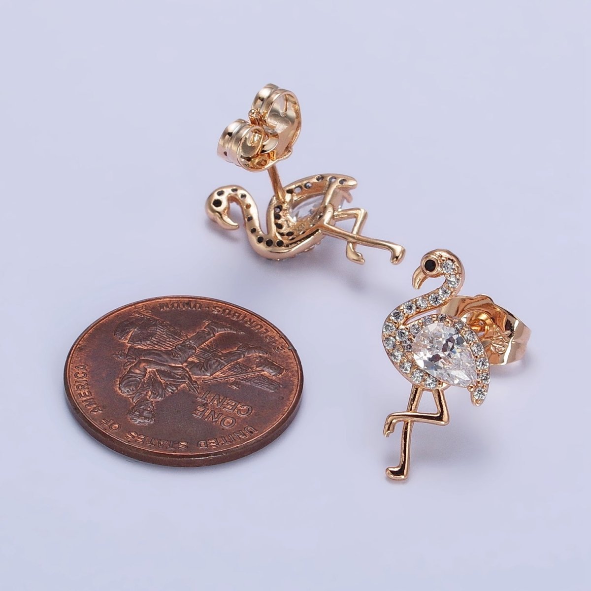 18K Gold plated Flamingo Bird Micro Paved CZ Teardrop Stud Earrings | AB289 - DLUXCA