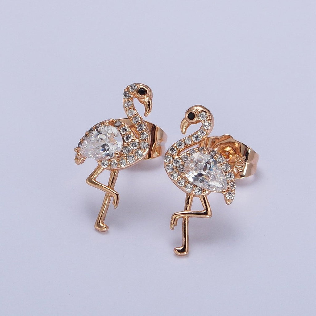 18K Gold plated Flamingo Bird Micro Paved CZ Teardrop Stud Earrings | AB289 - DLUXCA