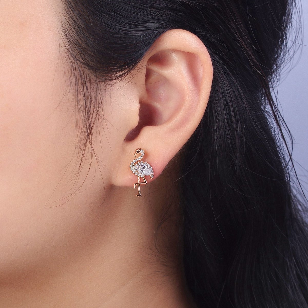 18K Gold plated Flamingo Bird Micro Paved CZ Teardrop Stud Earrings | AB289 - DLUXCA