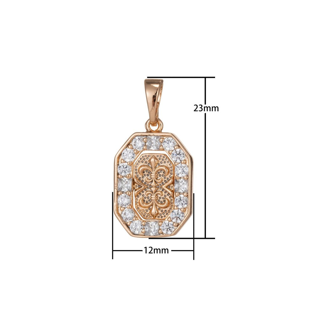 18k Gold plated fleur de lis Pendant for Necklace Charm Micro Pave Medallion Pendant, D-152 - DLUXCA