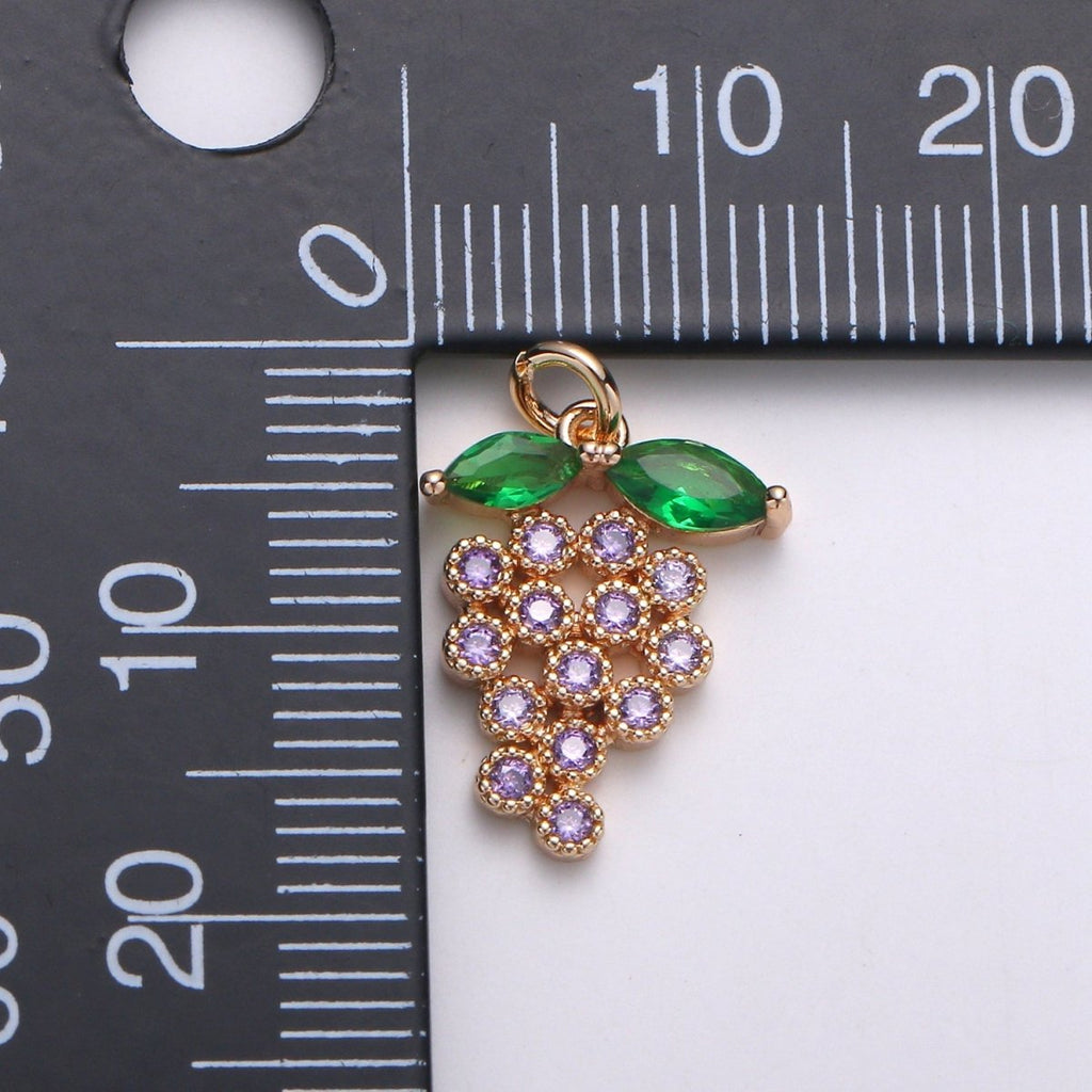 18k Gold plated Fruit Charm Purple CZ Micro Pave Grape Charm, Cubic Zirconia Pave Fruit Pendant Charm, Dainty Fruits Charm D-070 - DLUXCA