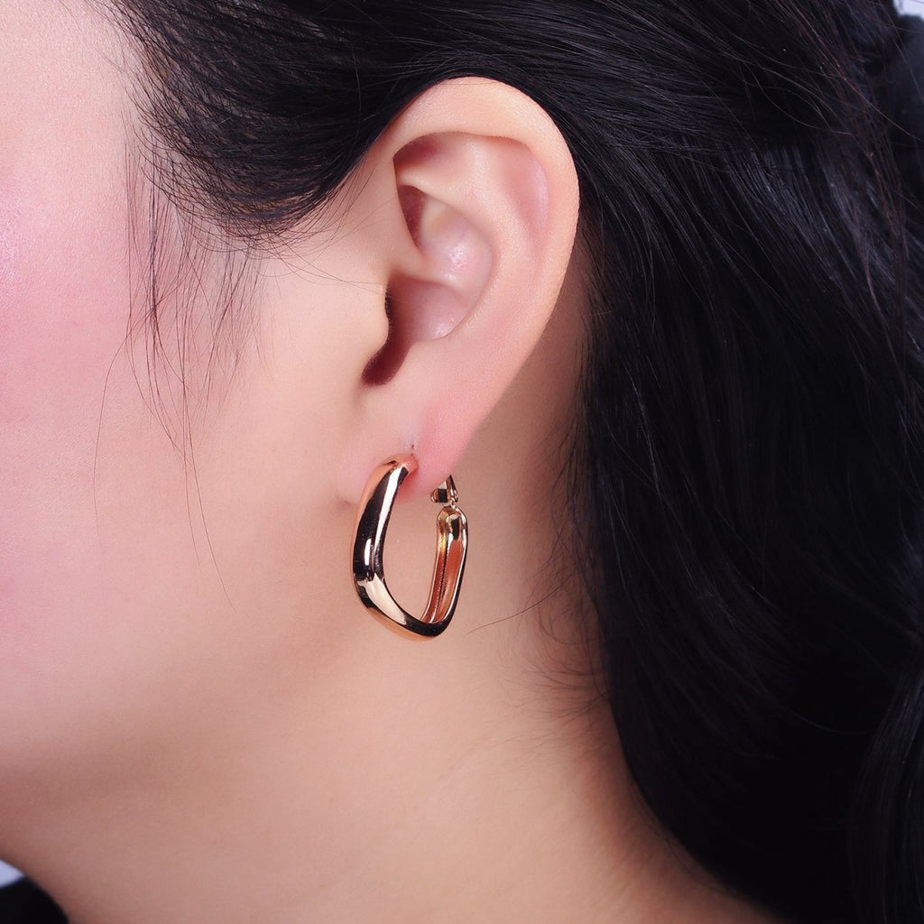 18K Gold plated Geometric Boxy Block Latch Hoop Earrings | AD1365 - DLUXCA